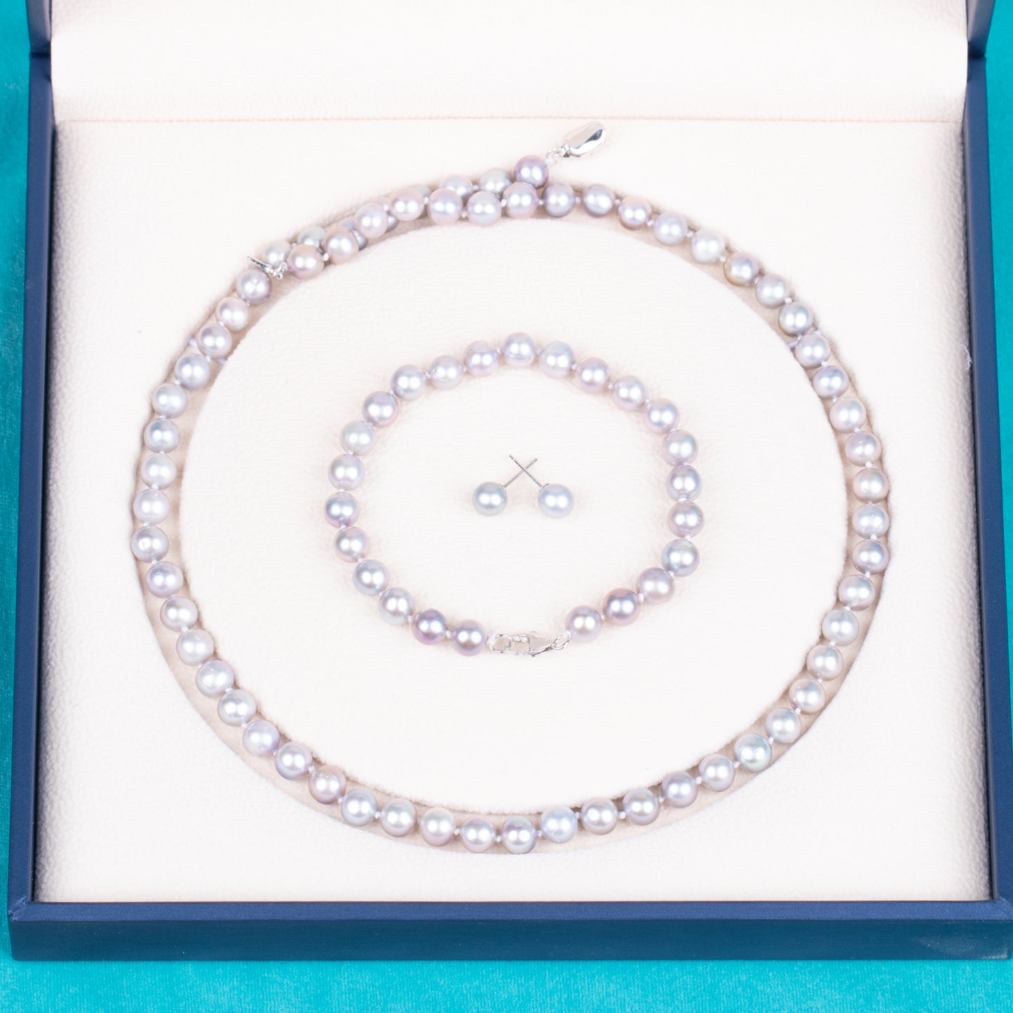 925 silver clasp grey round AAAA real natural 7-8mm pearl women jewelry necklace set