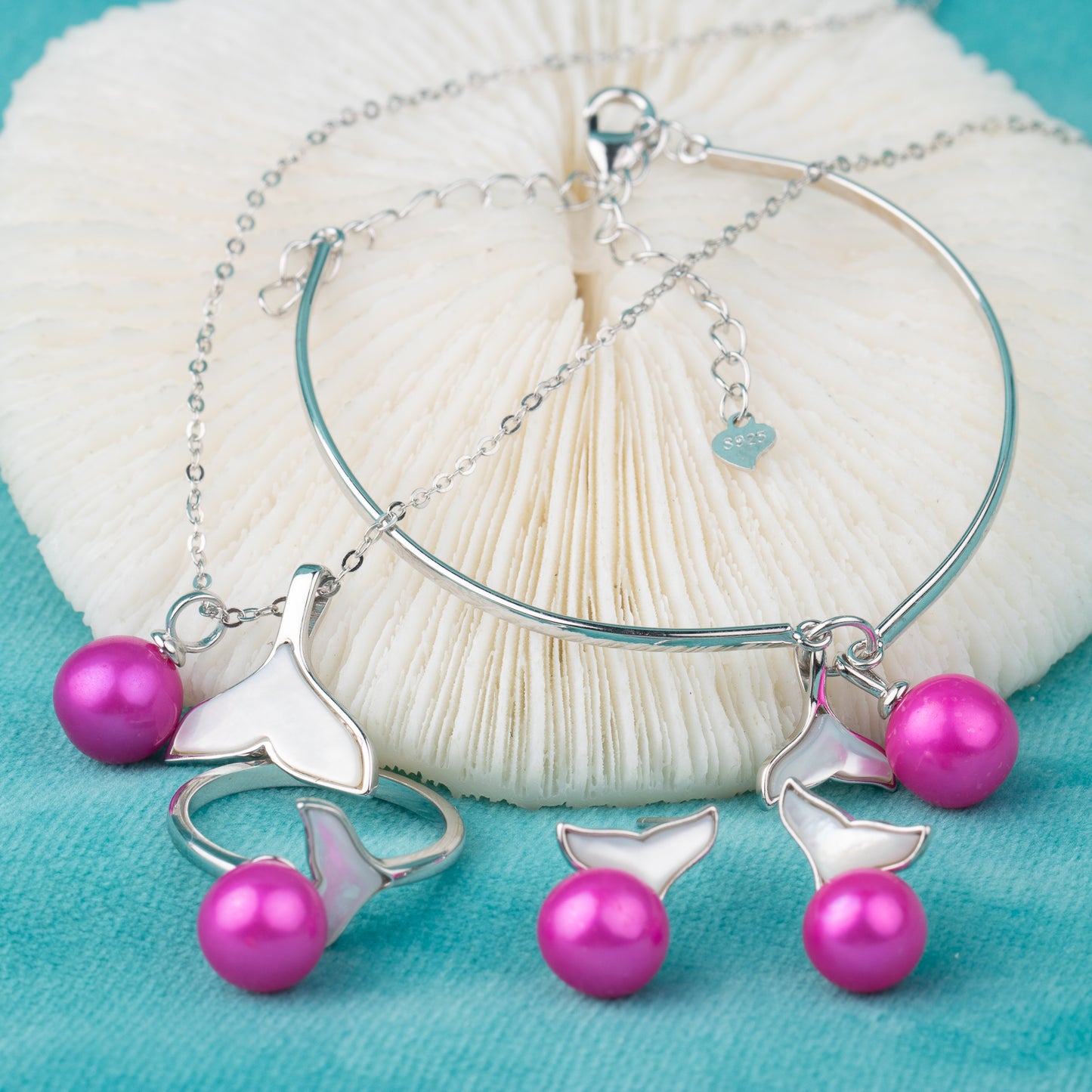 S010038 DIY 7-8mm Natural Freshwater pearl jewelry set mermaid tail shape 925 sterling silver engagement jewelry for women