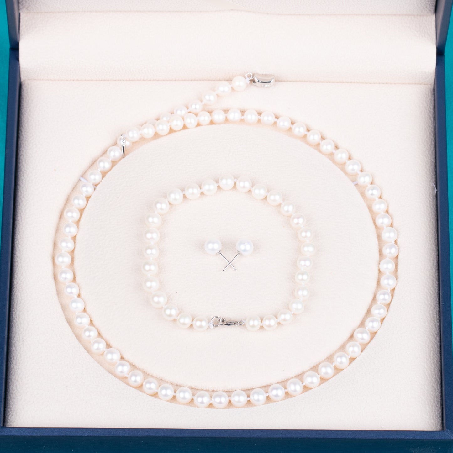 925 silver clasp white round AAAA real natural 7-8mm pearl women jewelry necklace set