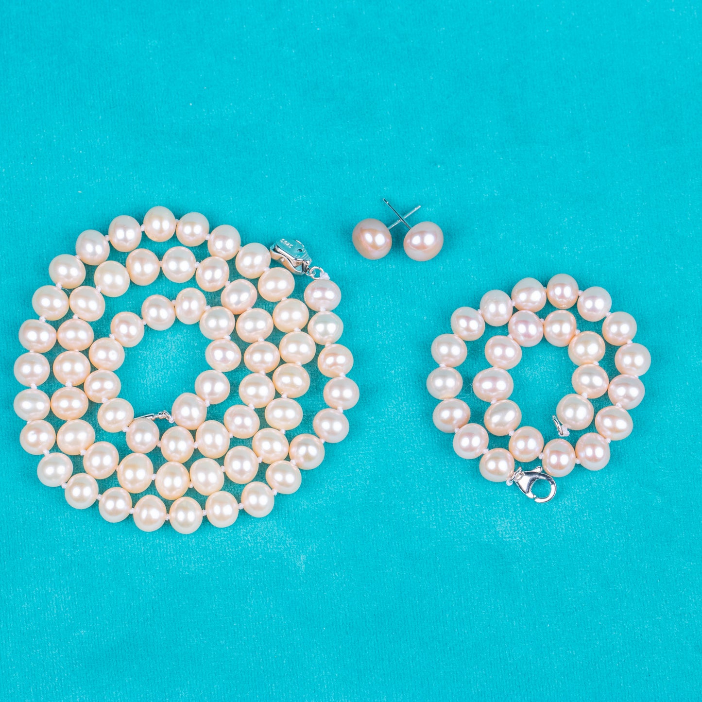 925 silver clasp pink round AAAA real natural 7-8mm pearl women jewelry necklace set