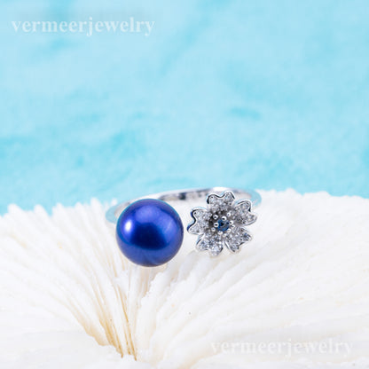 r010889 DIY 6-8mm Natural Freshwater pearl Ring accessory 925 sterling silver Adjustable size engagement jewelry ring for women