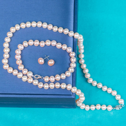 925 silver clasp natural pink button AAA real natural 6-7  mm pearl women jewelry necklace set