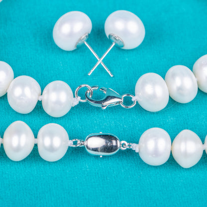 925 silver clasp white button AAA real natural 10-11 mm pearl women jewelry necklace set