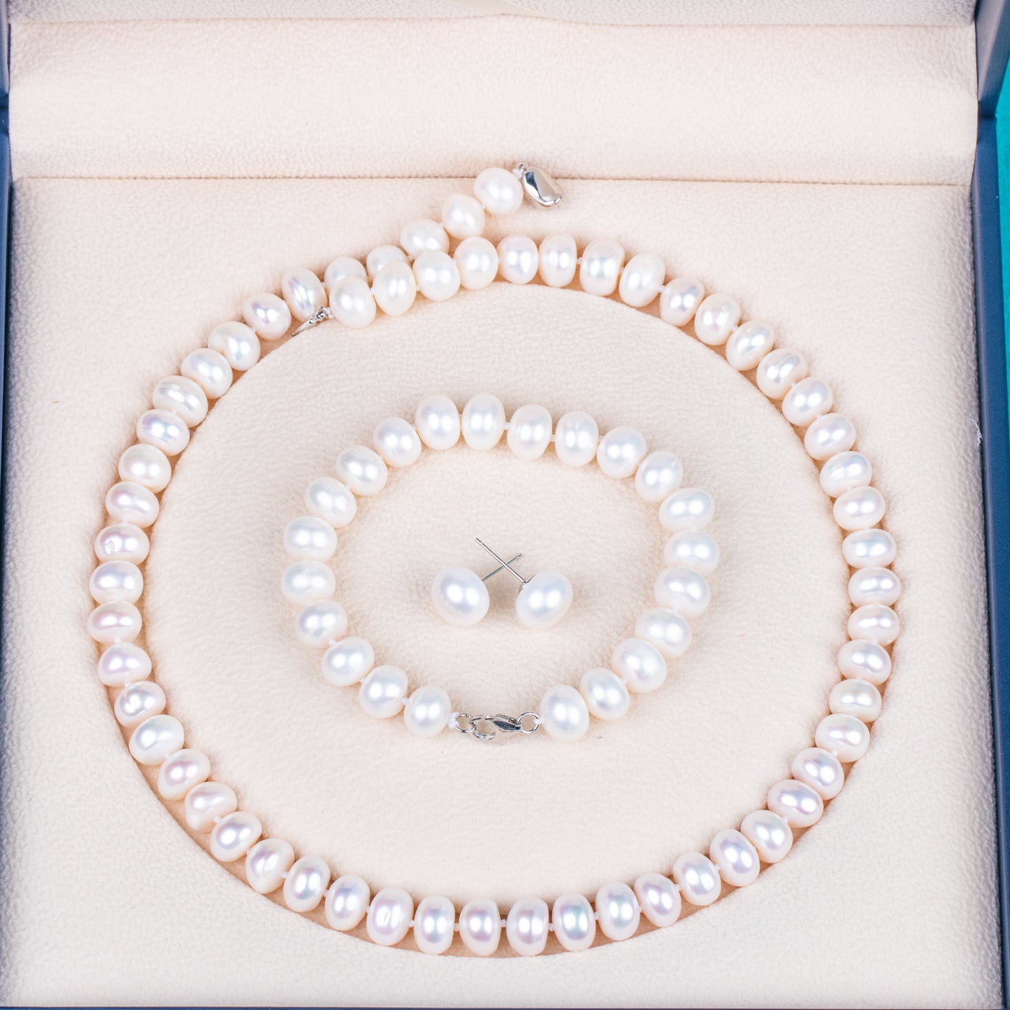 925 silver clasp white button AAA real natural 10-11 mm pearl women jewelry necklace set