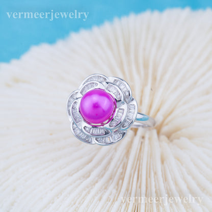 r010969 DIY 6-8mm Natural Freshwater pearl Ring accessory 925 sterling silver Adjustable size engagement jewelry ring for women