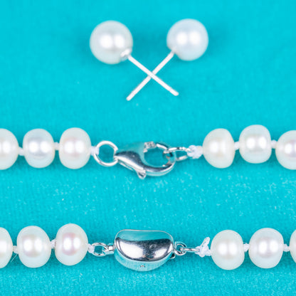 925 silver clasp white button AAA real natural 6-7  mm pearl women jewelry necklace set