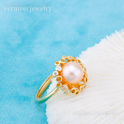r010911 DIY 6-8mm Natural Freshwater pearl Ring accessory 925 sterling silver Adjustable size engagement jewelry ring for women