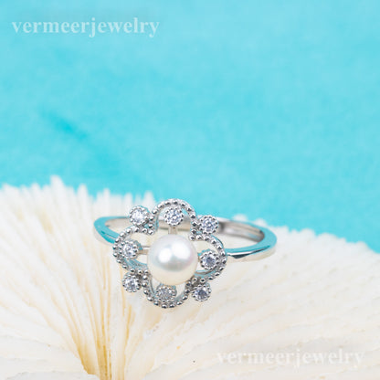 r010855DIY 5-6mm Natural Freshwater pearl Ring accessory 925 sterling silver Adjustable size engagement jewelry ring for women