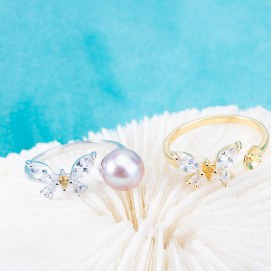 r010873 DIY 6-8mm Natural Freshwater pearl Ring accessory 925 sterling silver Adjustable size engagement jewelry ring for women