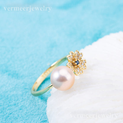 r010889 DIY 6-8mm Natural Freshwater pearl Ring accessory 925 sterling silver Adjustable size engagement jewelry ring for women