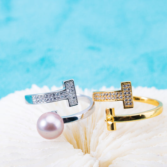 r010892 DIY 6-8mm Natural Freshwater pearl Ring accessory 925 sterling silver Adjustable size engagement jewelry ring for women