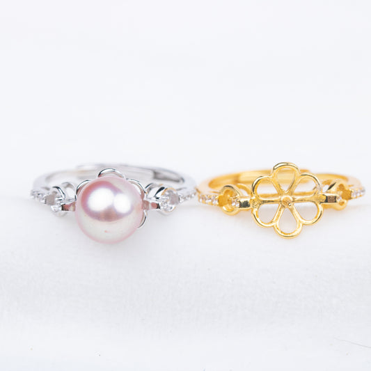 r010708 DIY 7-8mm Natural Freshwater pearl Ring accessory 925 sterling silver Adjustable size engagement jewelry ring for women
