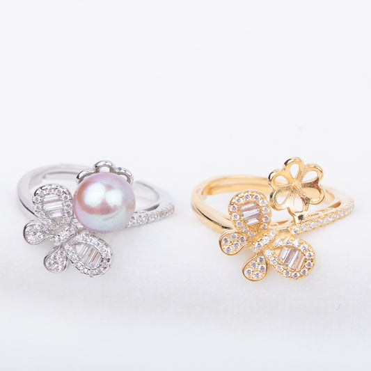 r010697 DIY 7-8mm Natural Freshwater pearl Ring accessory 925 sterling silver Adjustable size engagement jewelry ring for women