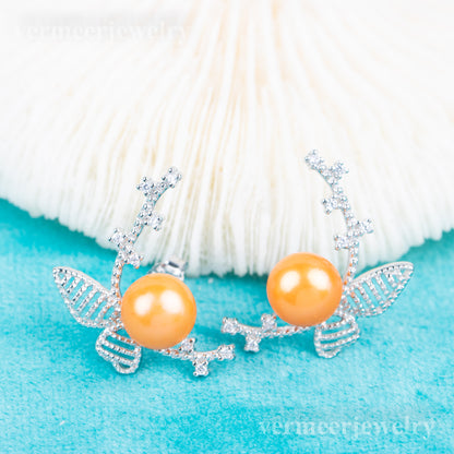 e040800 S925 pearl earring 925 sterling silver DIY 7-8mm Natural Freshwater pearl stud earring for women