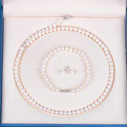 925 silver clasp white button AAA real natural 6-7  mm pearl women jewelry necklace set