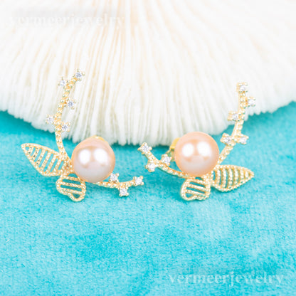 e040800 S925 pearl earring 925 sterling silver DIY 7-8mm Natural Freshwater pearl stud earring for women