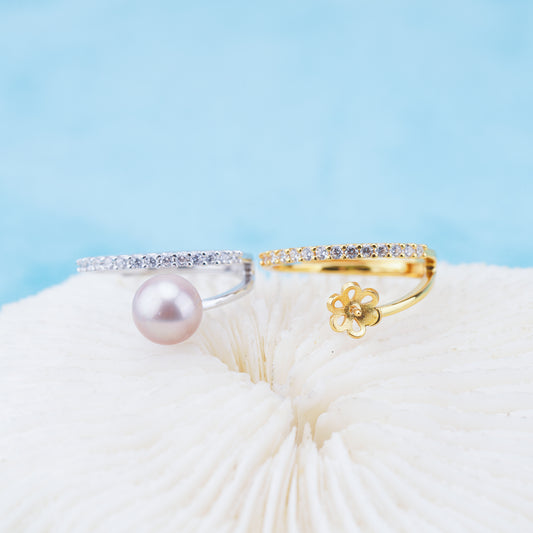 r010933 DIY 6-8mm Natural Freshwater pearl Ring accessory 925 sterling silver Adjustable size engagement jewelry ring for women