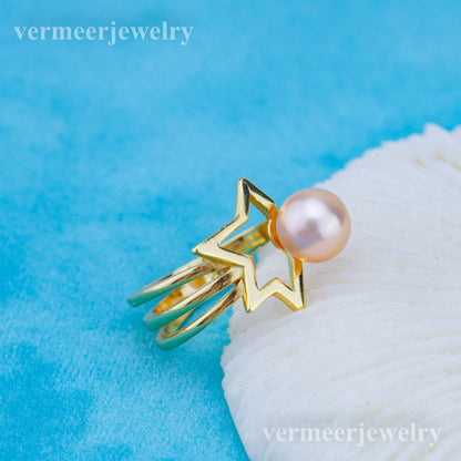 r010924 DIY 6-8mm Natural Freshwater pearl Ring accessory 925 sterling silver Adjustable size engagement jewelry ring for women