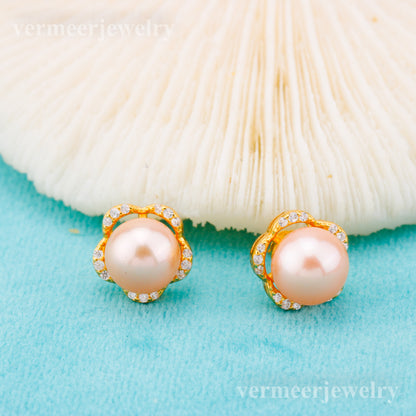 e010872 S925 pearl earring 925 sterling silver DIY 7-8mm Natural Freshwater pearl stud earring for women