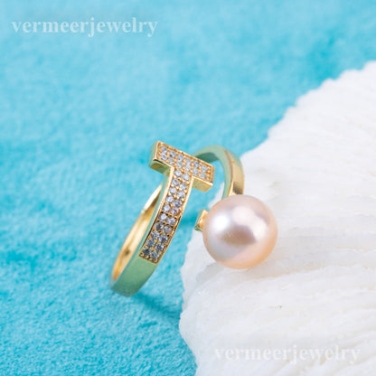 r010892 DIY 6-8mm Natural Freshwater pearl Ring accessory 925 sterling silver Adjustable size engagement jewelry ring for women