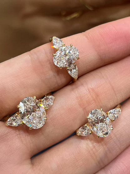 Elegant diamond jewelry Three-Stone Oval Pear CZ Ring|Gold Plated Bridal Engagement  Statement Ring