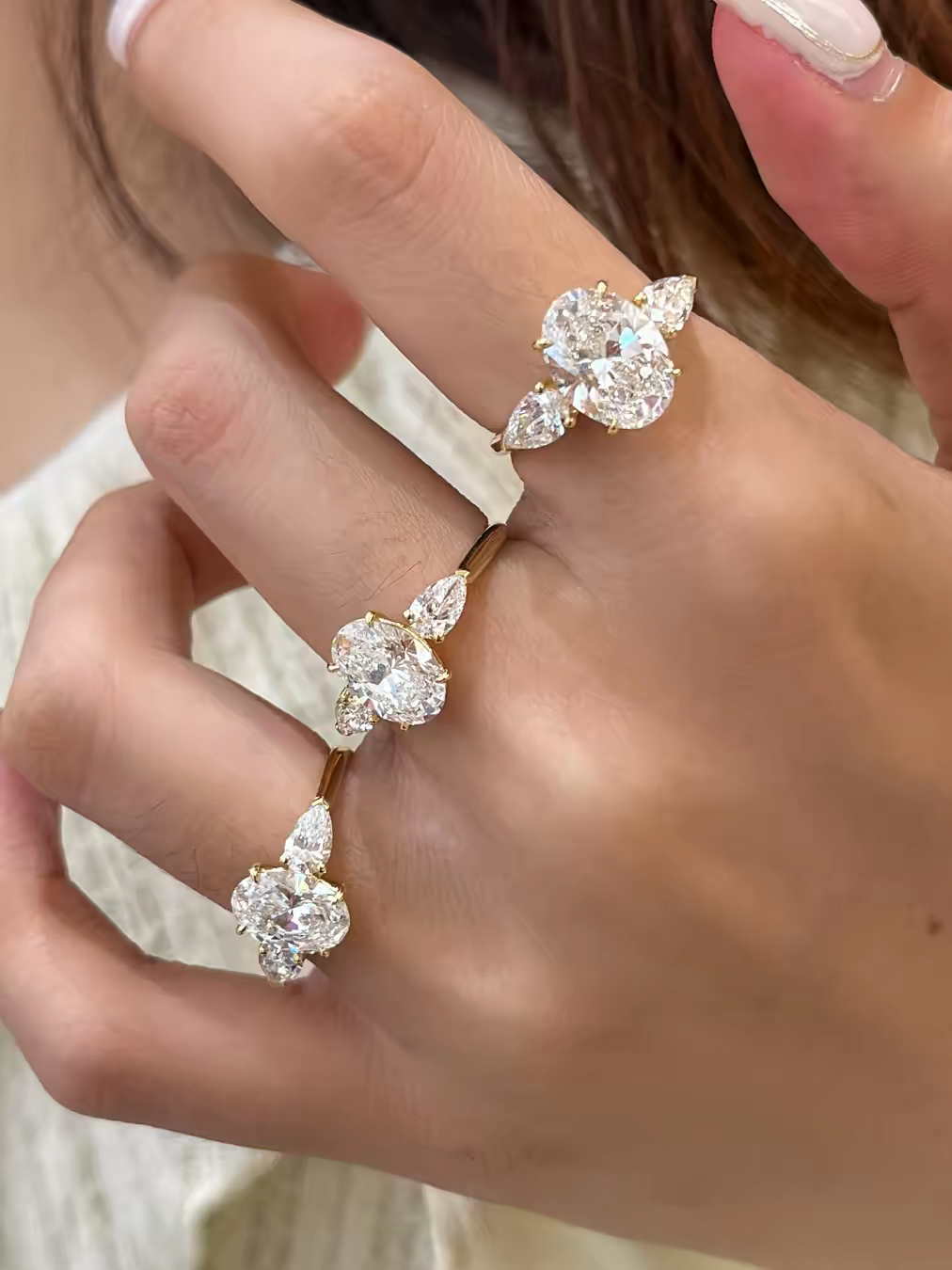 Elegant diamond jewelry Three-Stone Oval Pear CZ Ring|Gold Plated Bridal Engagement  Statement Ring