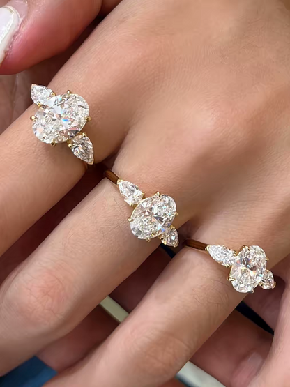 Elegant diamond jewelry Three-Stone Oval Pear CZ Ring|Gold Plated Bridal Engagement  Statement Ring