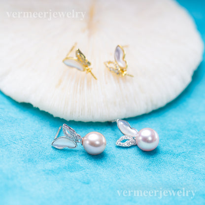 e010904 S925 pearl earring 925 sterling silver DIY 7-8mm Natural Freshwater pearl stud earring for women