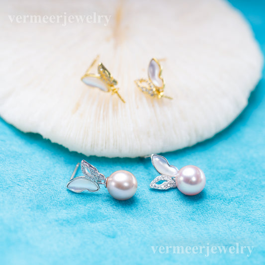 e010904 S925 pearl earring 925 sterling silver DIY 7-8mm Natural Freshwater pearl stud earring for women