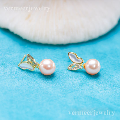 e010904 S925 pearl earring 925 sterling silver DIY 7-8mm Natural Freshwater pearl stud earring for women