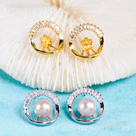 e010959 S925 pearl earring 925 sterling silver DIY 7-8mm Natural Freshwater pearl stud earring for women