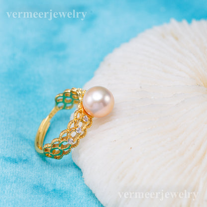 r011023 DIY 6-8mm Natural Freshwater pearl Ring accessory 925 sterling silver Adjustable size engagement jewelry ring for women