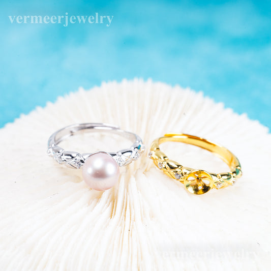 r011073 DIY 6-8mm Natural Freshwater pearl Ring accessory 925 sterling silver Adjustable size engagement jewelry ring for women