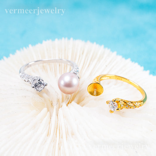 r011077 DIY 6-8mm Natural Freshwater pearl Ring accessory 925 sterling silver Adjustable size engagement jewelry ring for women