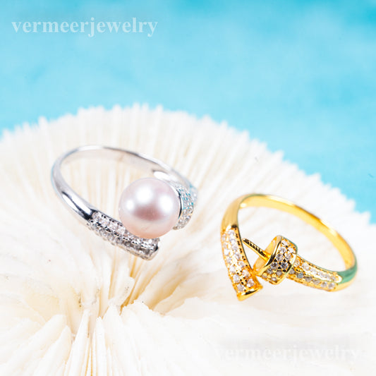 r011079 DIY 6-8mm Natural Freshwater pearl Ring accessory 925 sterling silver Adjustable size engagement jewelry ring for women
