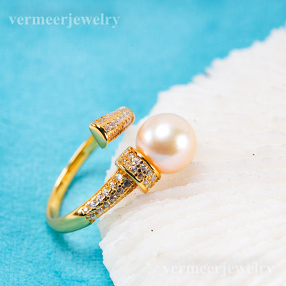r011079 DIY 6-8mm Natural Freshwater pearl Ring accessory 925 sterling silver Adjustable size engagement jewelry ring for women
