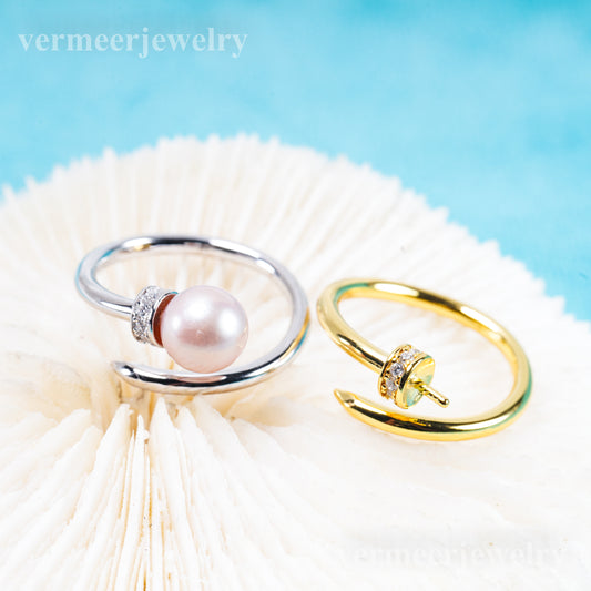 r011084 DIY 6-8mm Natural Freshwater pearl Ring accessory 925 sterling silver Adjustable size engagement jewelry ring for women