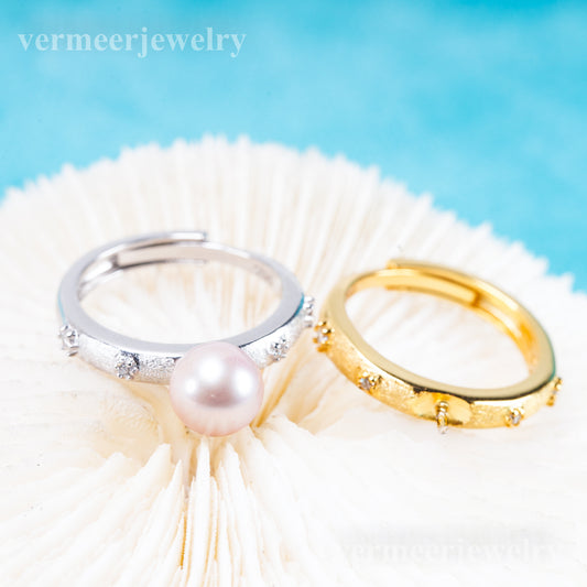 r011089 DIY 6-8mm Natural Freshwater pearl Ring accessory 925 sterling silver Adjustable size engagement jewelry ring for women