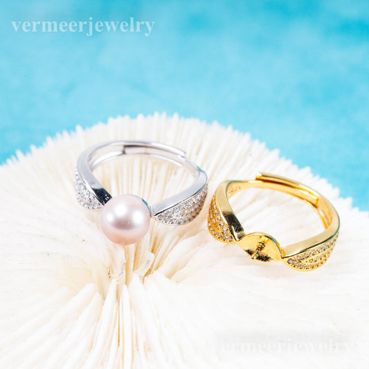 r011091 DIY 6-8mm Natural Freshwater pearl Ring accessory 925 sterling silver Adjustable size engagement jewelry ring for women
