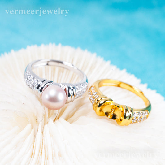 r011097 DIY 6-8mm Natural Freshwater pearl Ring accessory 925 sterling silver Adjustable size engagement jewelry ring for women