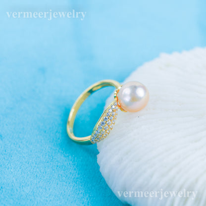 r030972 DIY 6-8mm Natural Freshwater pearl Ring accessory 925 sterling silver Adjustable size engagement jewelry ring for women