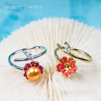 r031017 DIY 6-8mm Natural Freshwater pearl Ring accessory 925 sterling silver Adjustable size engagement jewelry ring for women