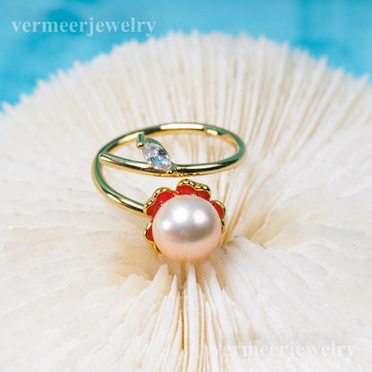 r031017 DIY 6-8mm Natural Freshwater pearl Ring accessory 925 sterling silver Adjustable size engagement jewelry ring for women